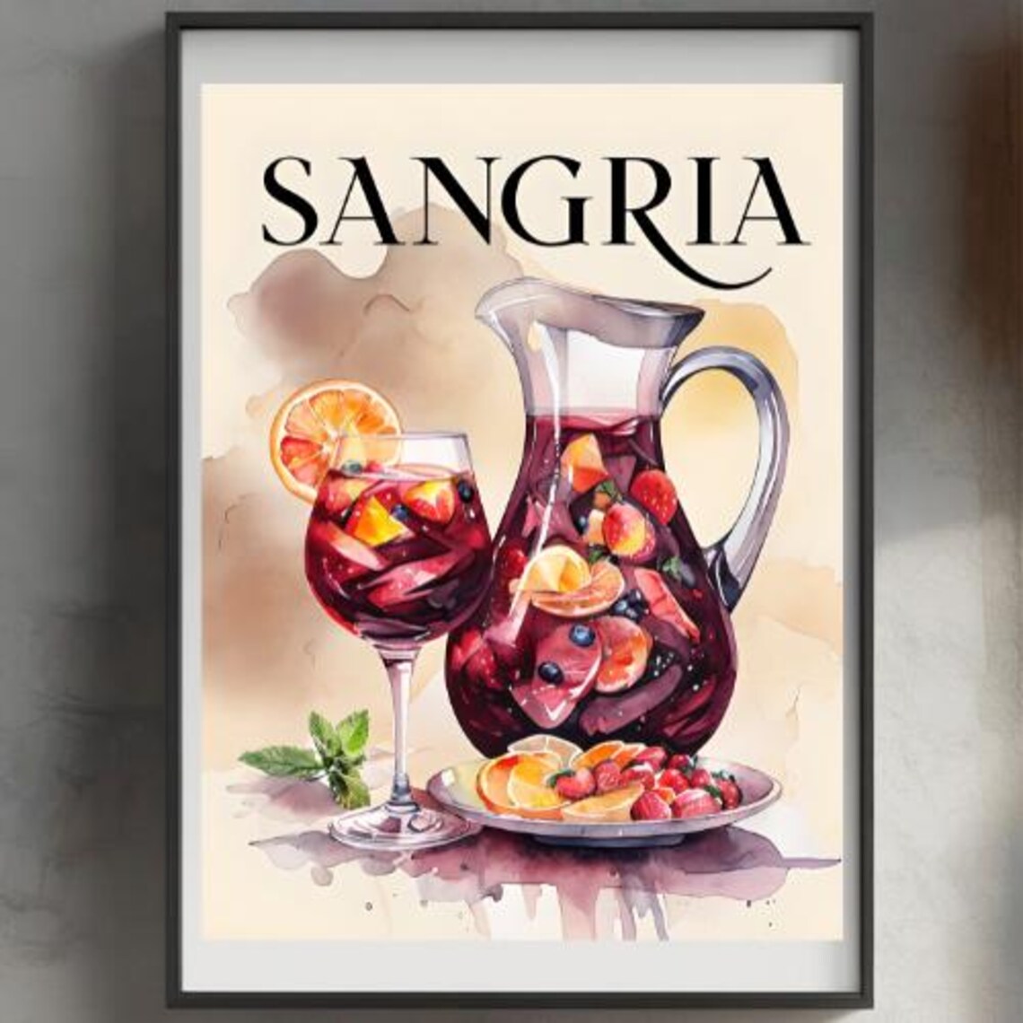 Vibrant Sangria Pitcher Watercolor Cocktail Kitchen Wall Art - Image 2