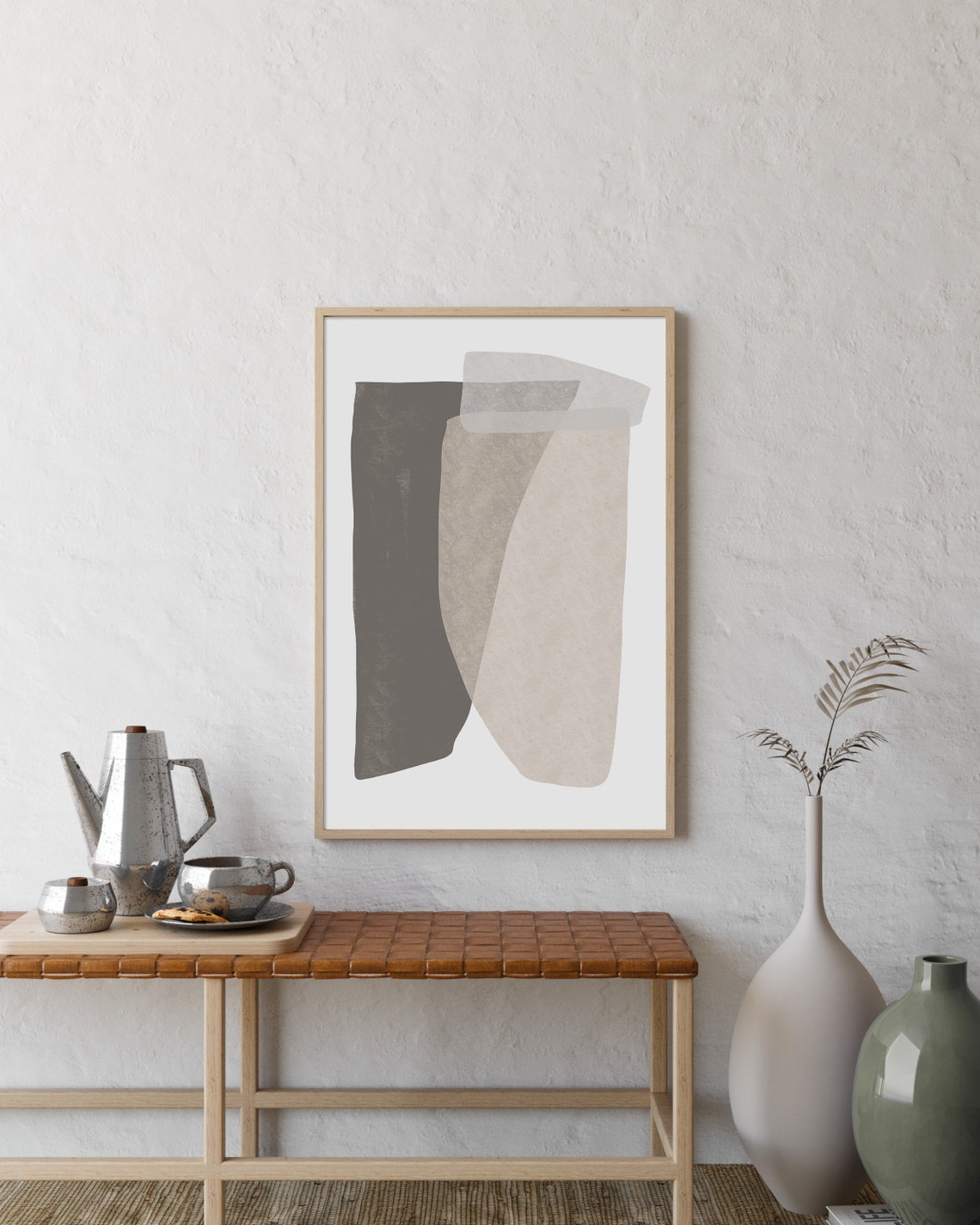 Neutral Gray Beige Overlapping Abstract Shapes Modern Wall Art - Image 2