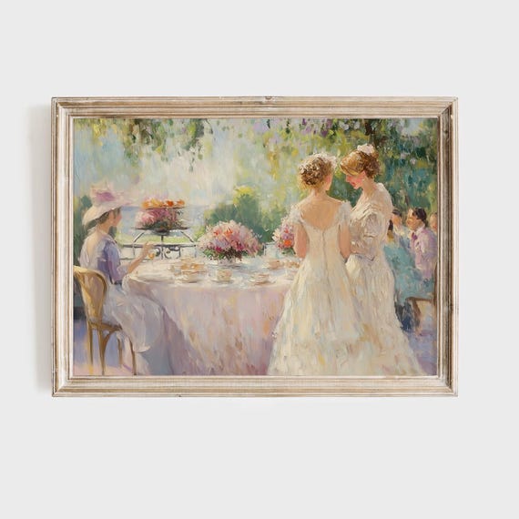 Garden Tea Party Art Print Impressionist Painting Women In White Dresses Floral Outdoor Scene Summer Afternoon