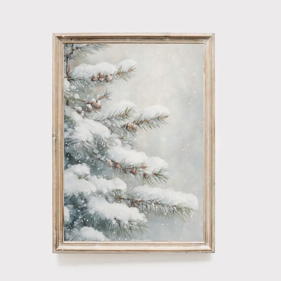 Snow Covered Pine Branches With Pinecones in a Winter Forest Print