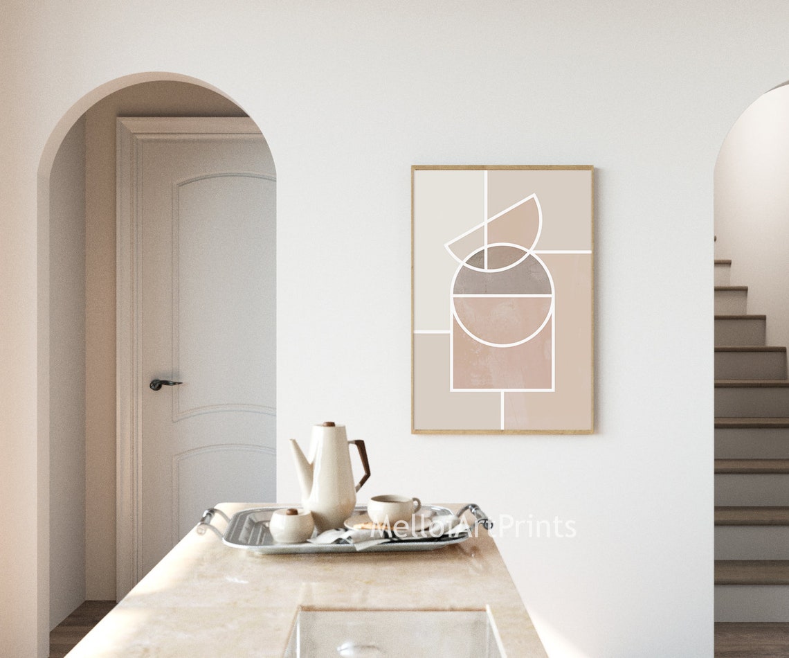 Geometric Shapes Abstract Art Beige White Line Mid Century Poster - Image 2