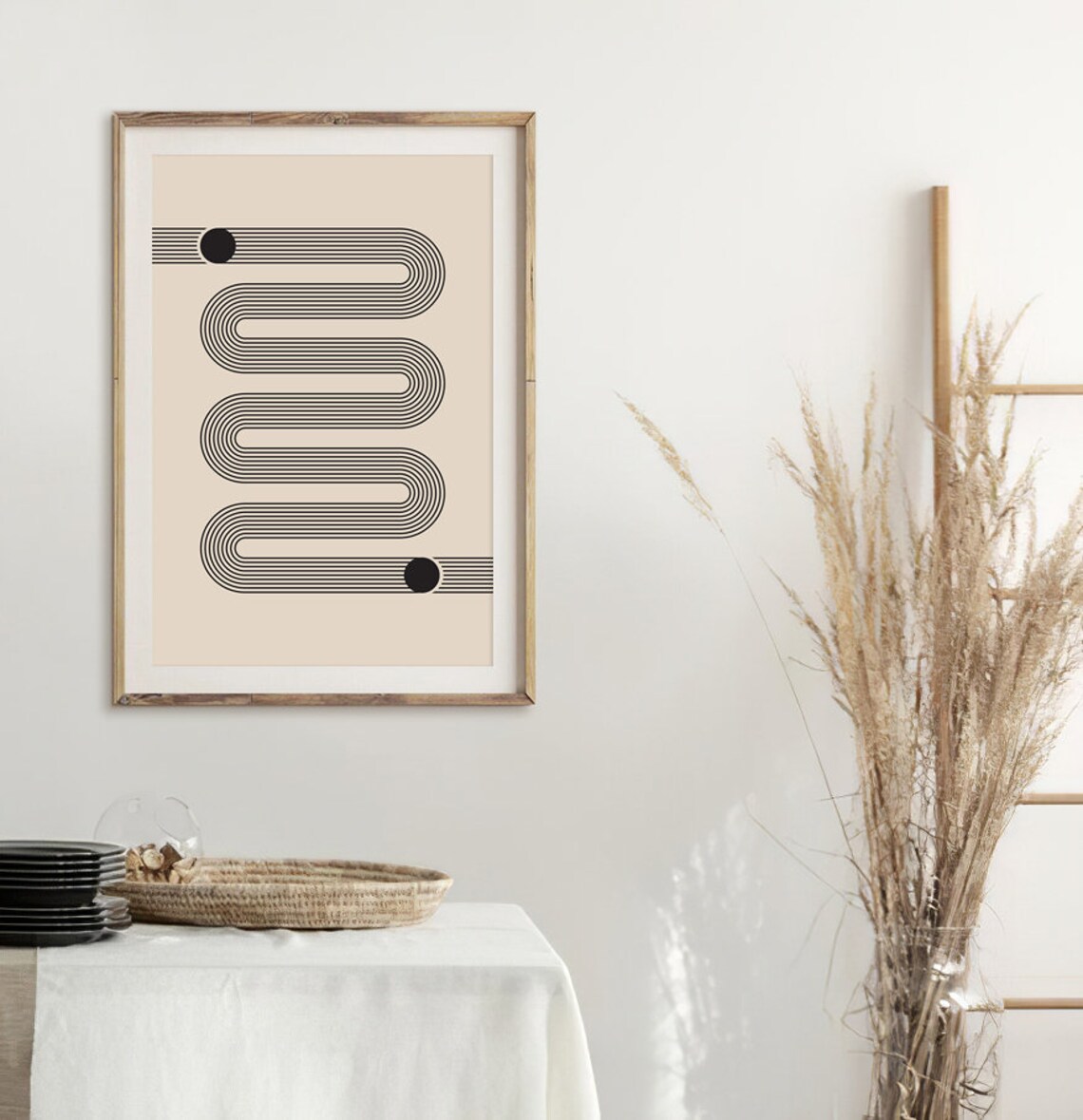 Beige Black Looped Line Bauhaus Style Mid Century Modern Art Poster - Image 3