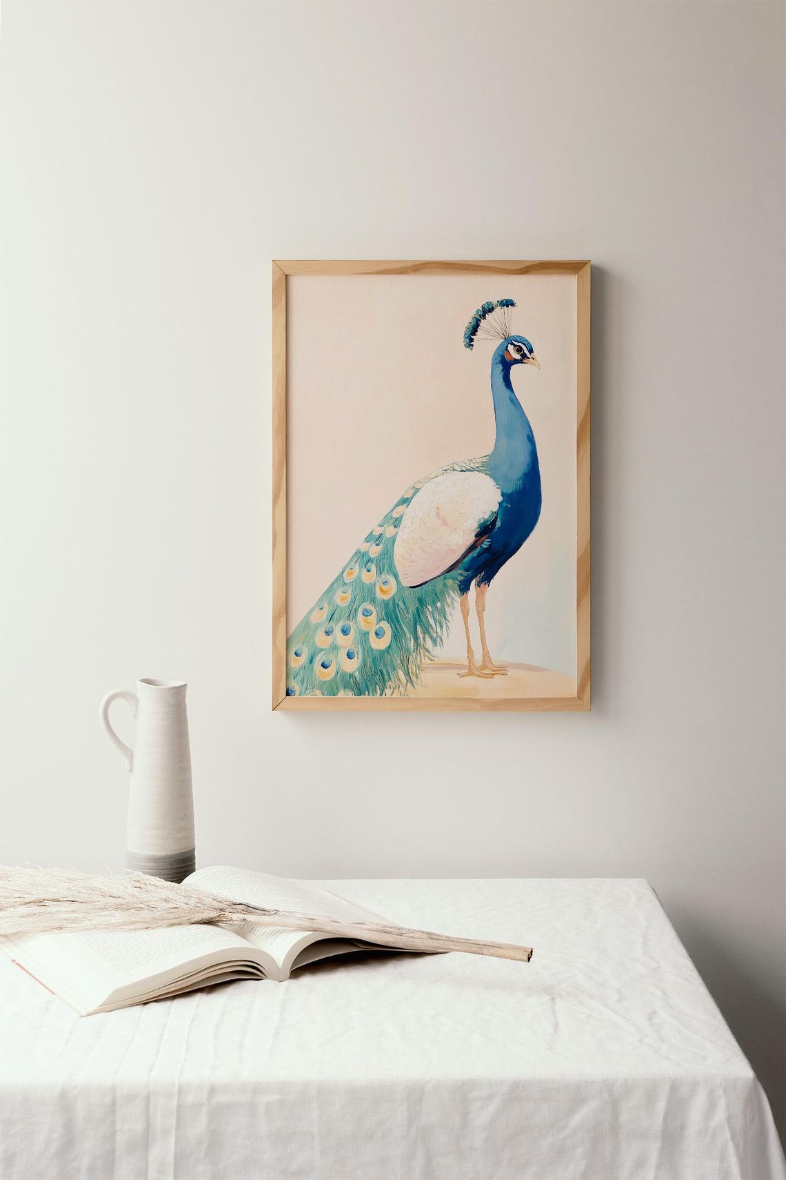 Vibrant Peacock Painting Pastel Blush Background Bird Wall Art - Image 2