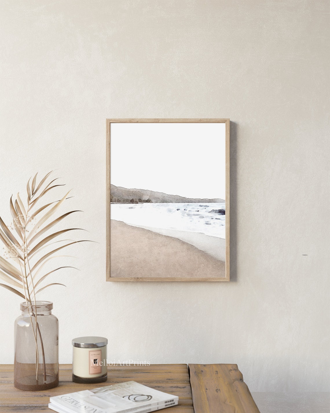 Calm Beach Seascape Beige Watercolor Minimalist Coastal Wall Art