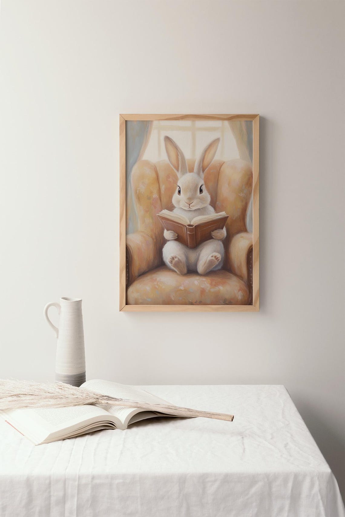 Bunny Reading Book Nursery Art Rabbit Painting Children Wall Poster - Image 3