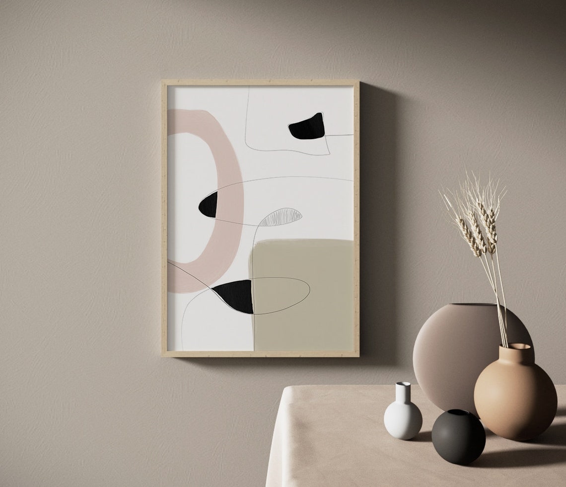 Blush Pink Beige Black Abstract Line Composition Modern Art Poster - Image 2