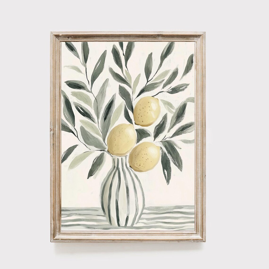 Lemons Gray Green Leaves Striped Vase Minimalist Painting Poster