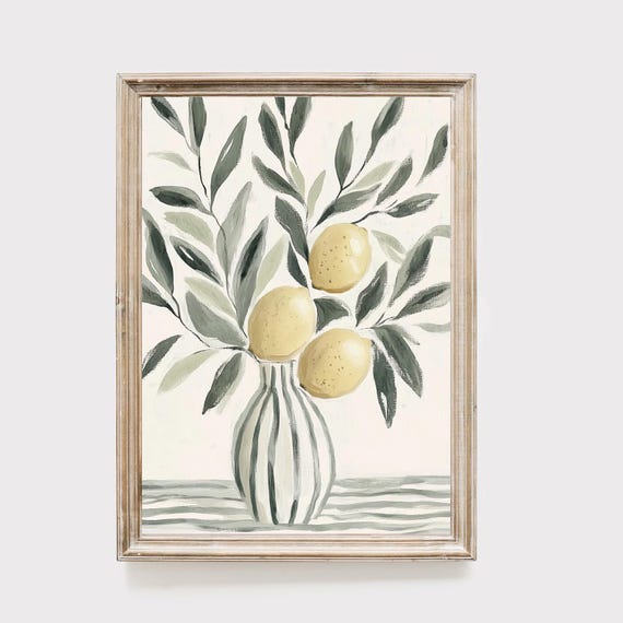 Lemon Art Print Sage Green Botanical Wall Decor Modern Farmhouse Kitchen Artwork Minimalist Fruit Still Life Painting