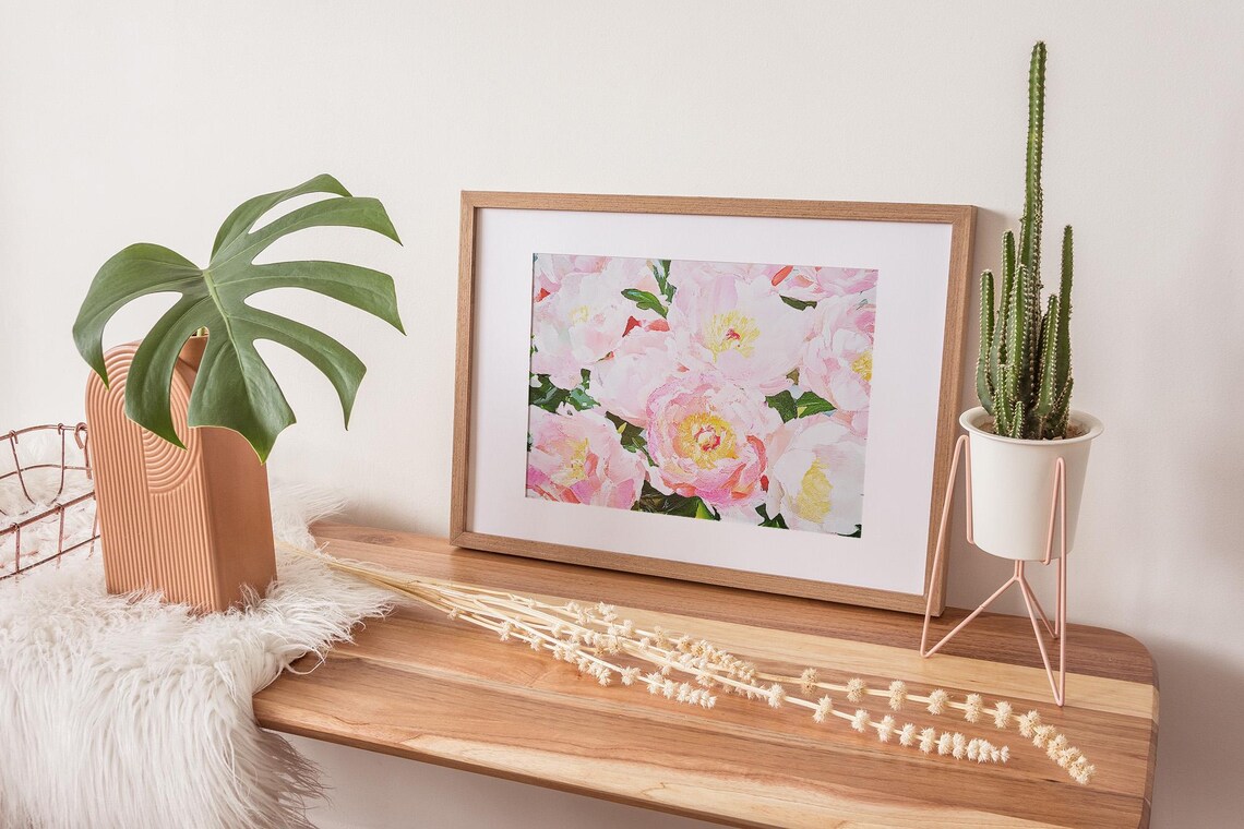 Pink Peony Blooms Close Up Romantic Floral Oil Painting Wall Art - Image 2