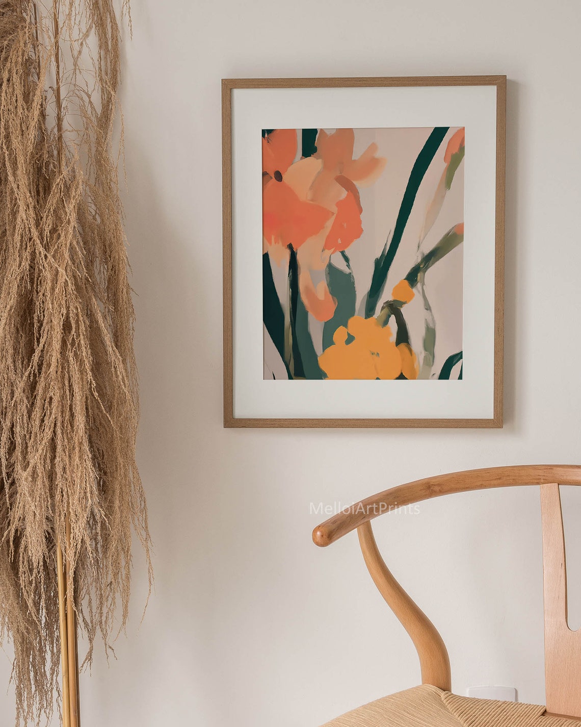 Coral Orange Abstract Flowers Dark Green Stems Botanical Poster - Image 2