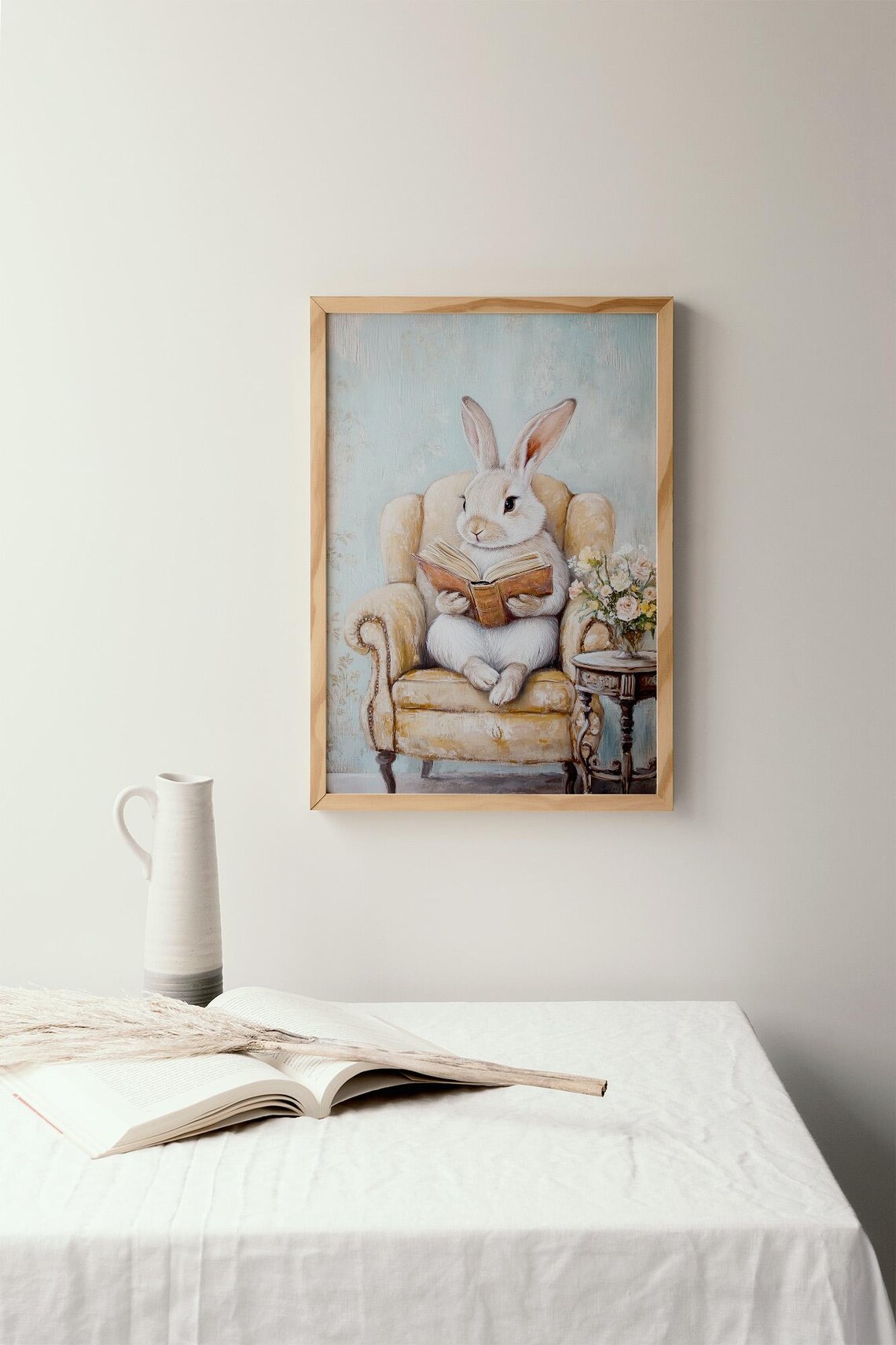 Cute Bunny Reading Book Easter Wall Art Print - Image 2