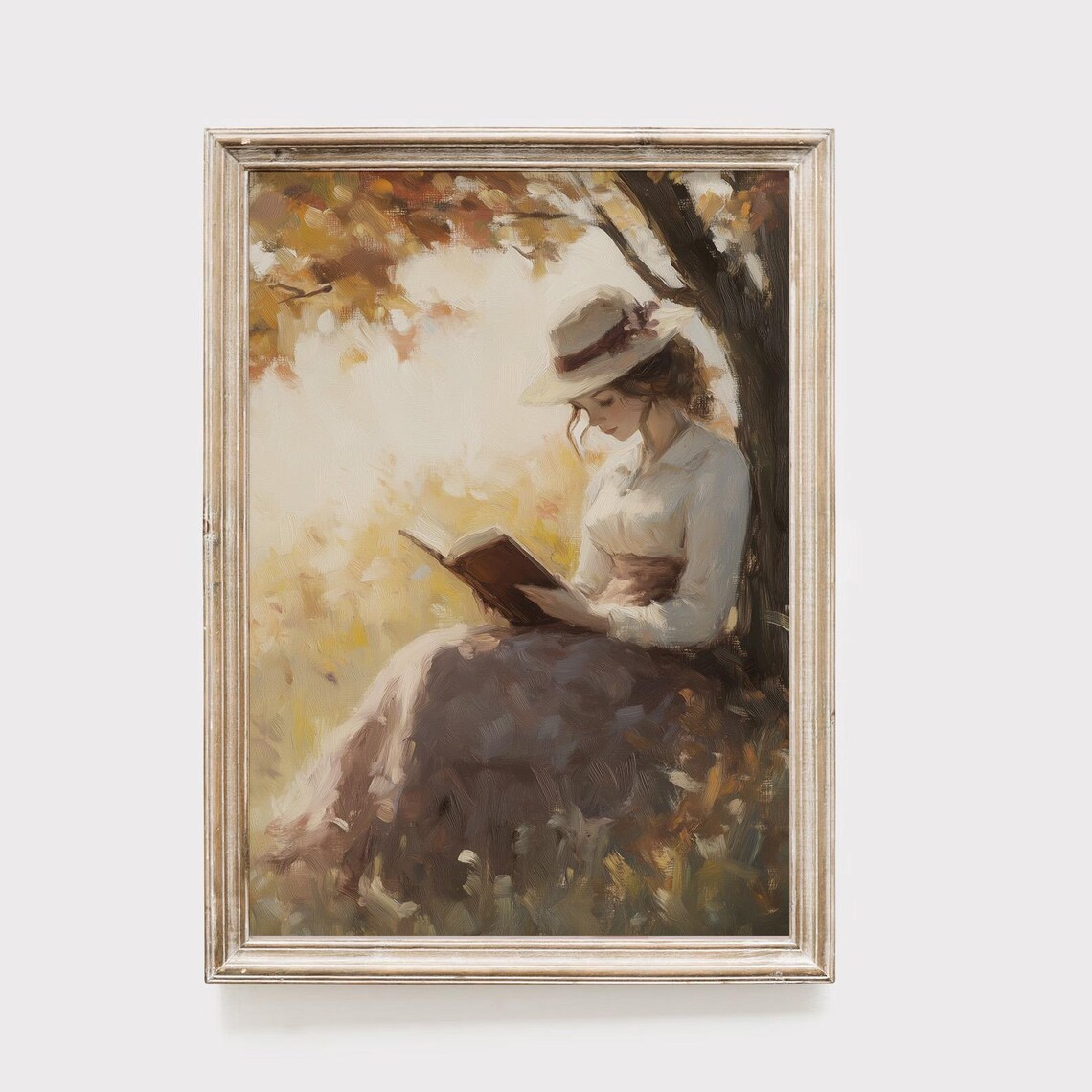 Woman Reading Under Autumn Tree Vintage Oil Painting Cozy Poster
