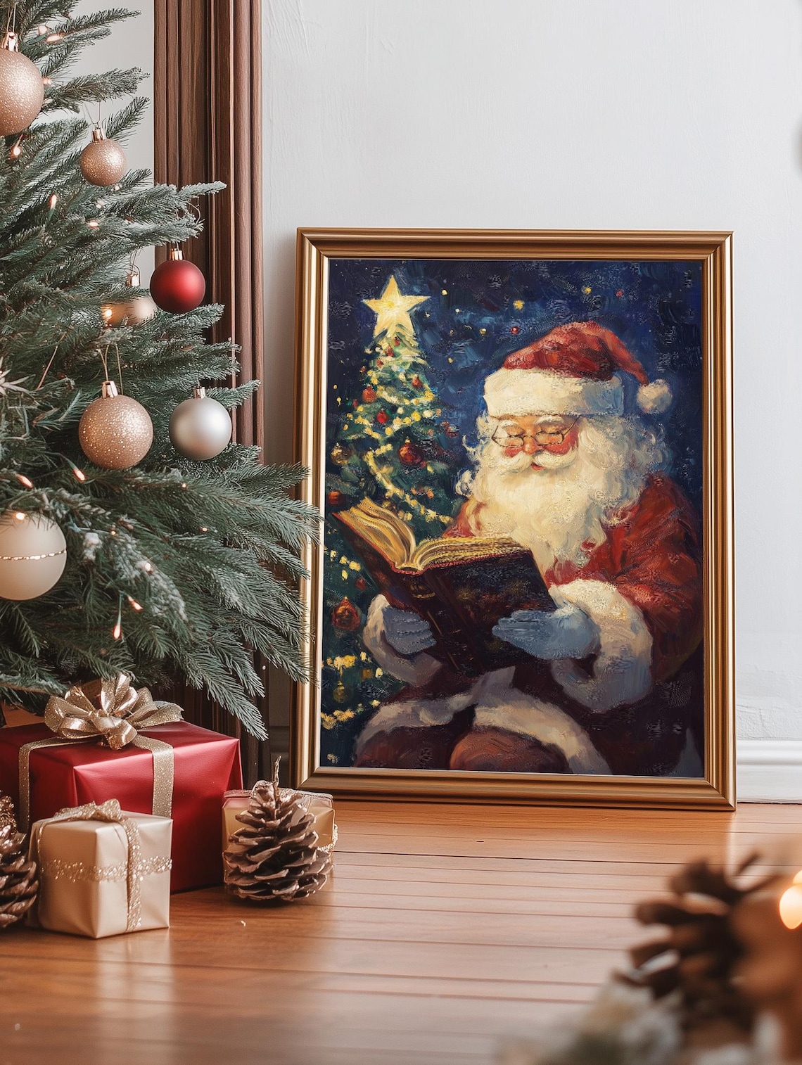 Santa Claus Reading by Christmas Tree Vintage Holiday Oil Painting Poster - Image 2