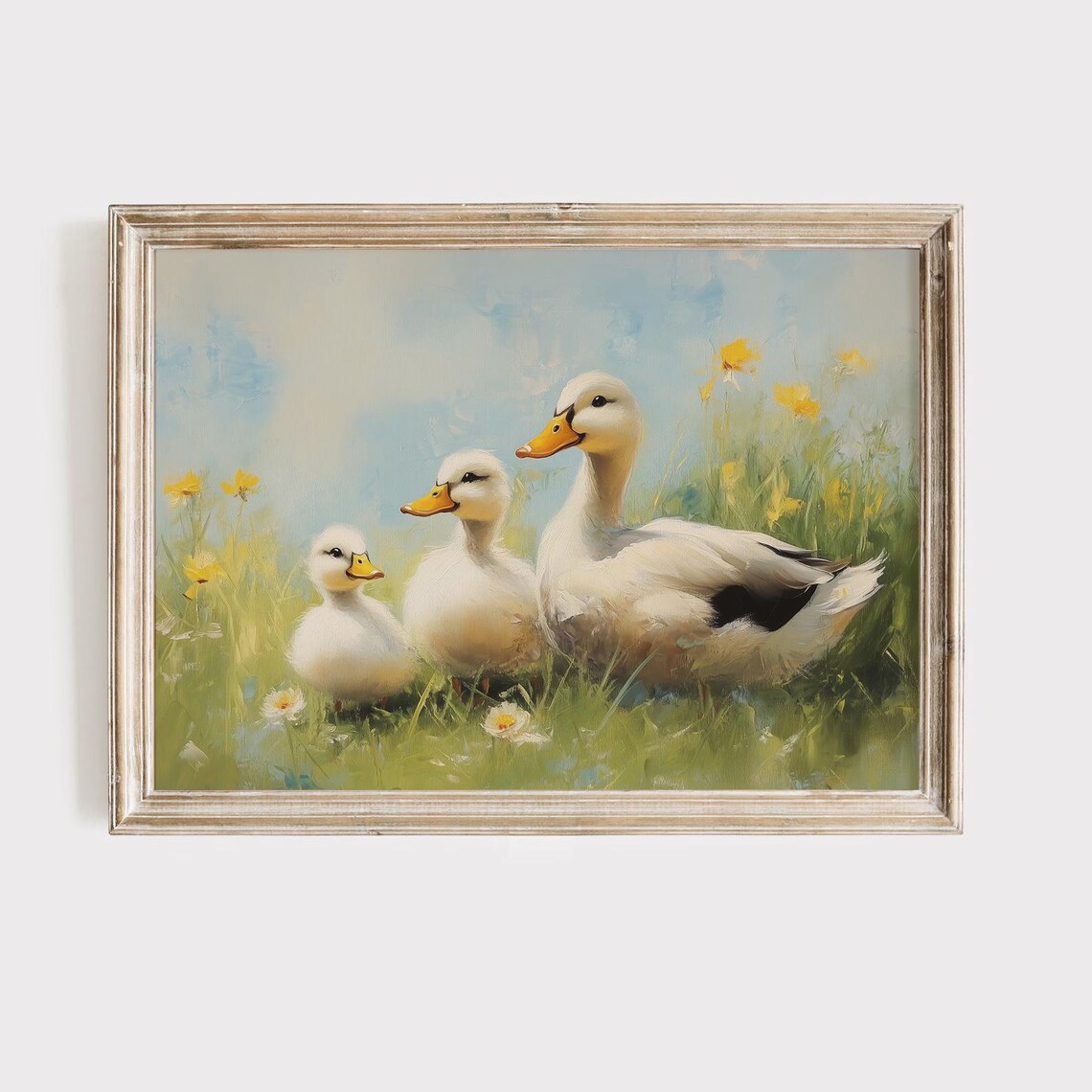 White Duck Family Sunny Spring Meadow Wildflowers Farm Poster
