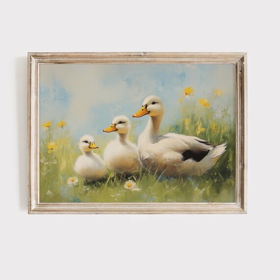 White Duck Family Sunny Spring Meadow Wildflowers Farm Poster