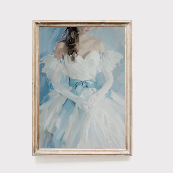 Princess Painting Print Royal Gown Art Blue And White Portrait Fairytale Wall Decor Regal Fashion Print