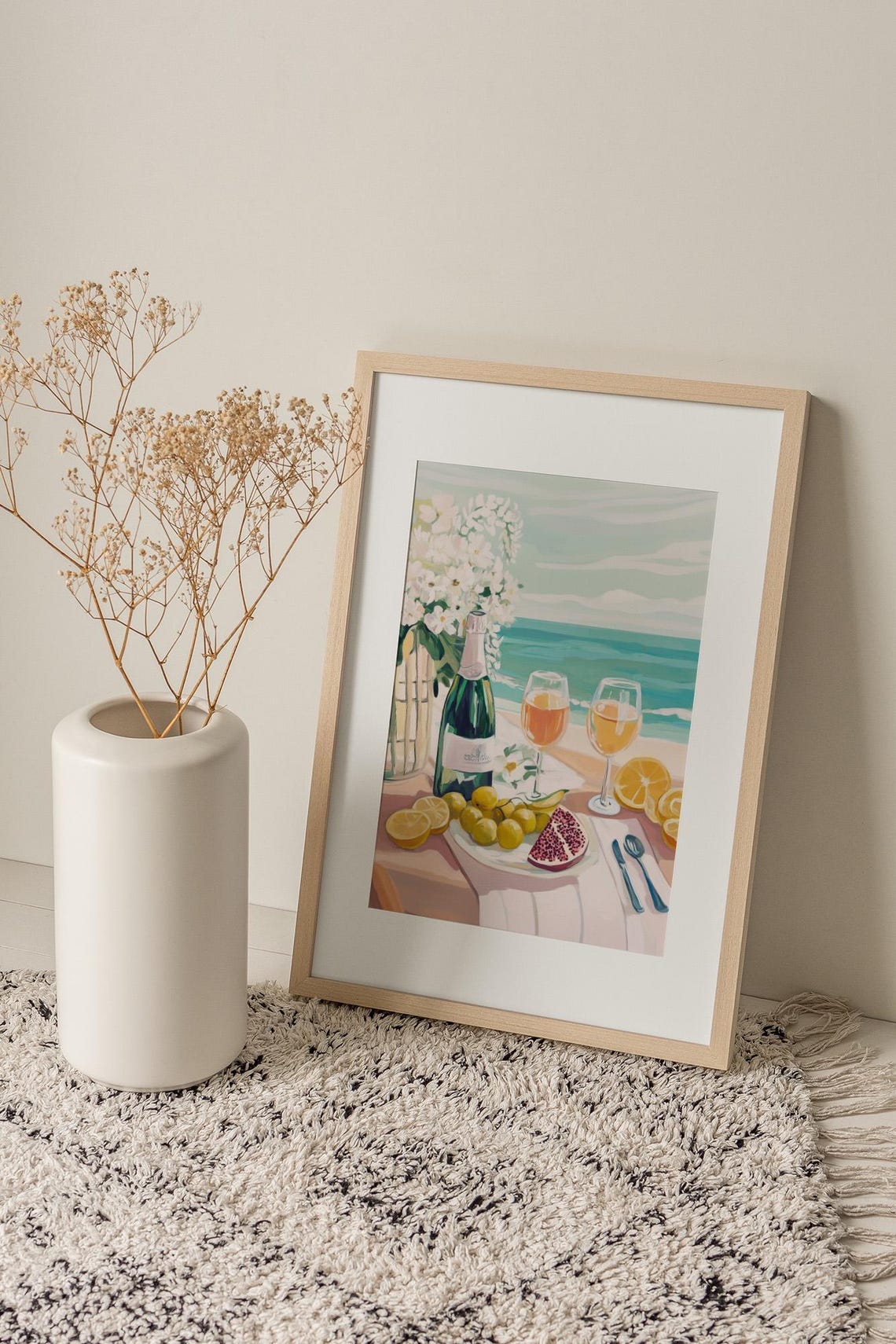 Coastal Picnic Wine Glasses Lemon Pomegranate Seaside Painting Poster - Image 2