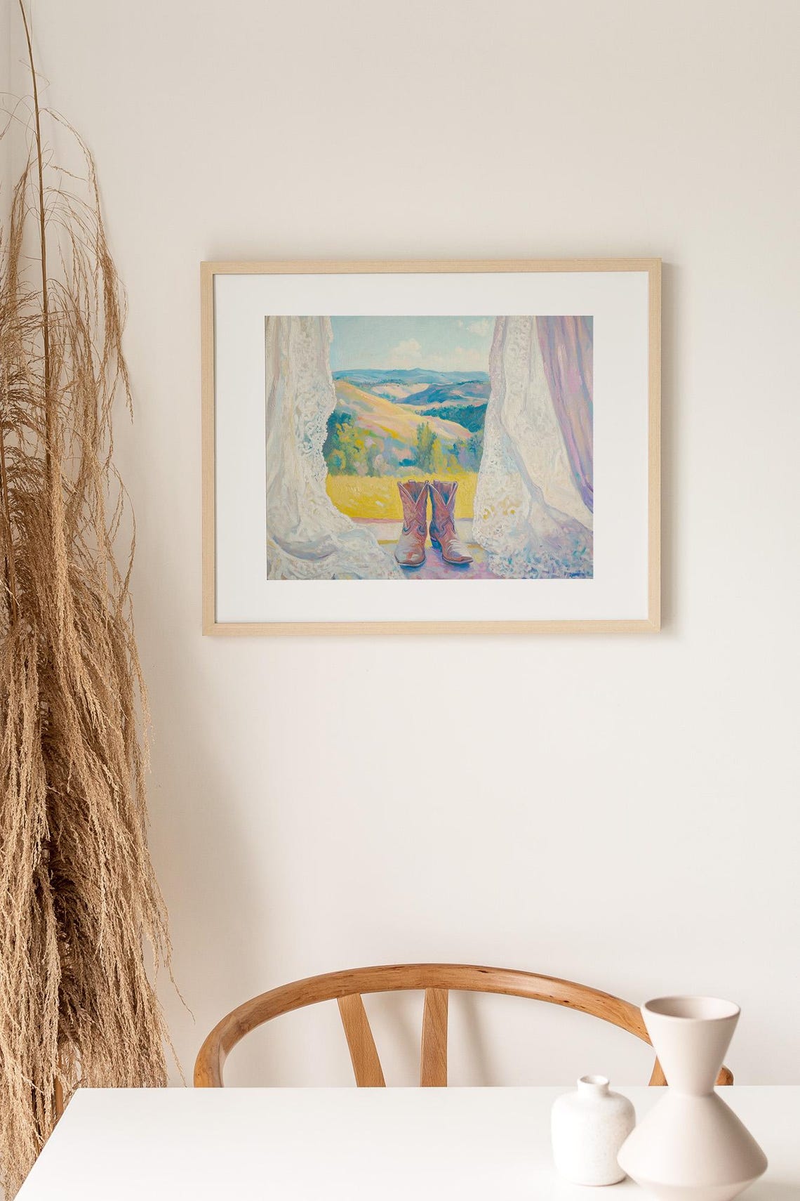 Cowboy Boots on Windowsill Lace Curtains Hills View Western Art Poster - Image 2