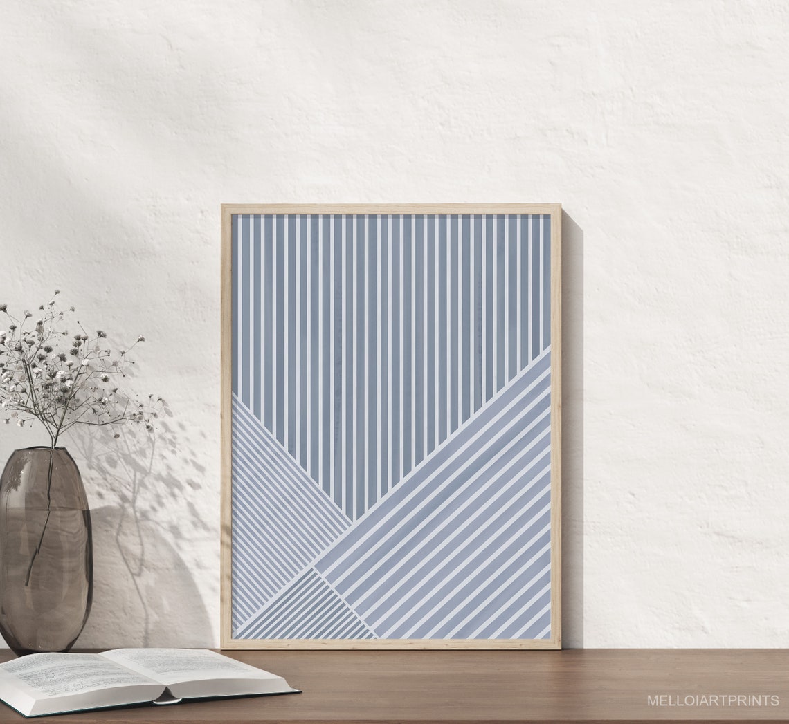 Blue Vertical Diagonal Stripes Modern Minimalist Geometric Line Poster - Image 2