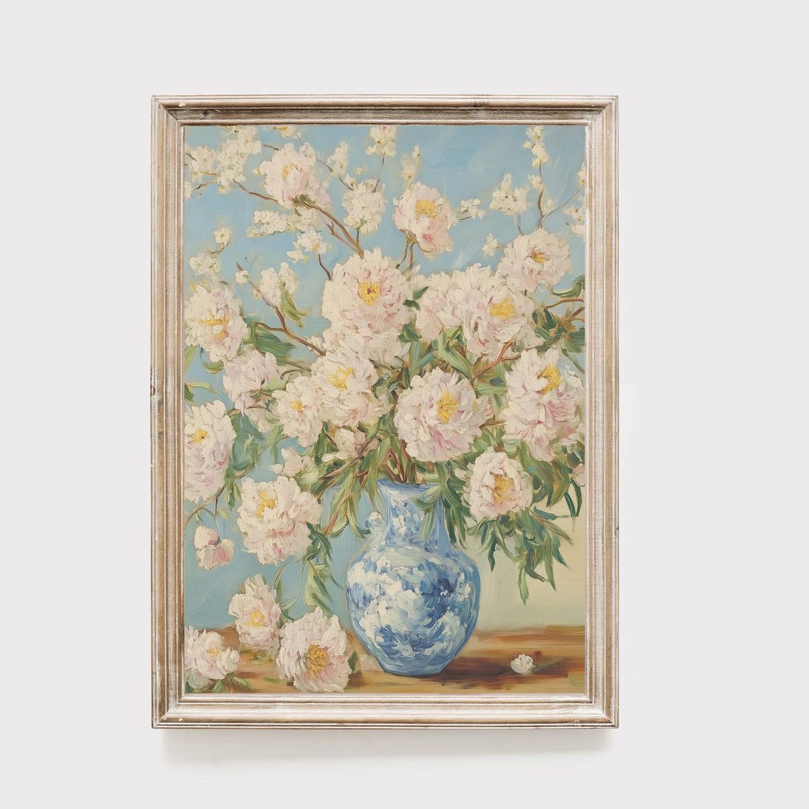 White Peonies in a Blue and White Vase Cottage Garden Floral Poster
