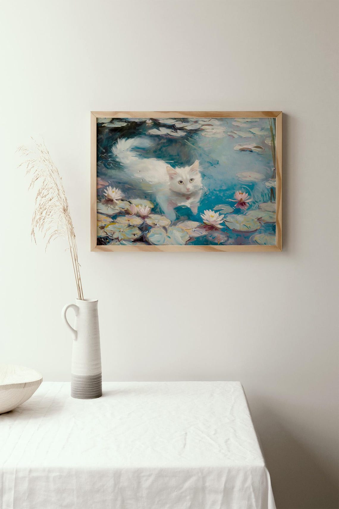 White Cat Swimming Water Lilies Impressionist Oil Painting Poster - Image 2
