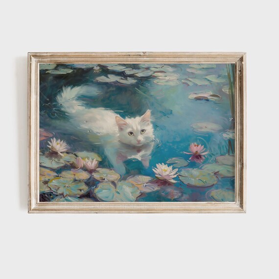 White Cat Swimming Water Lilies Impressionist Oil Painting Poster
