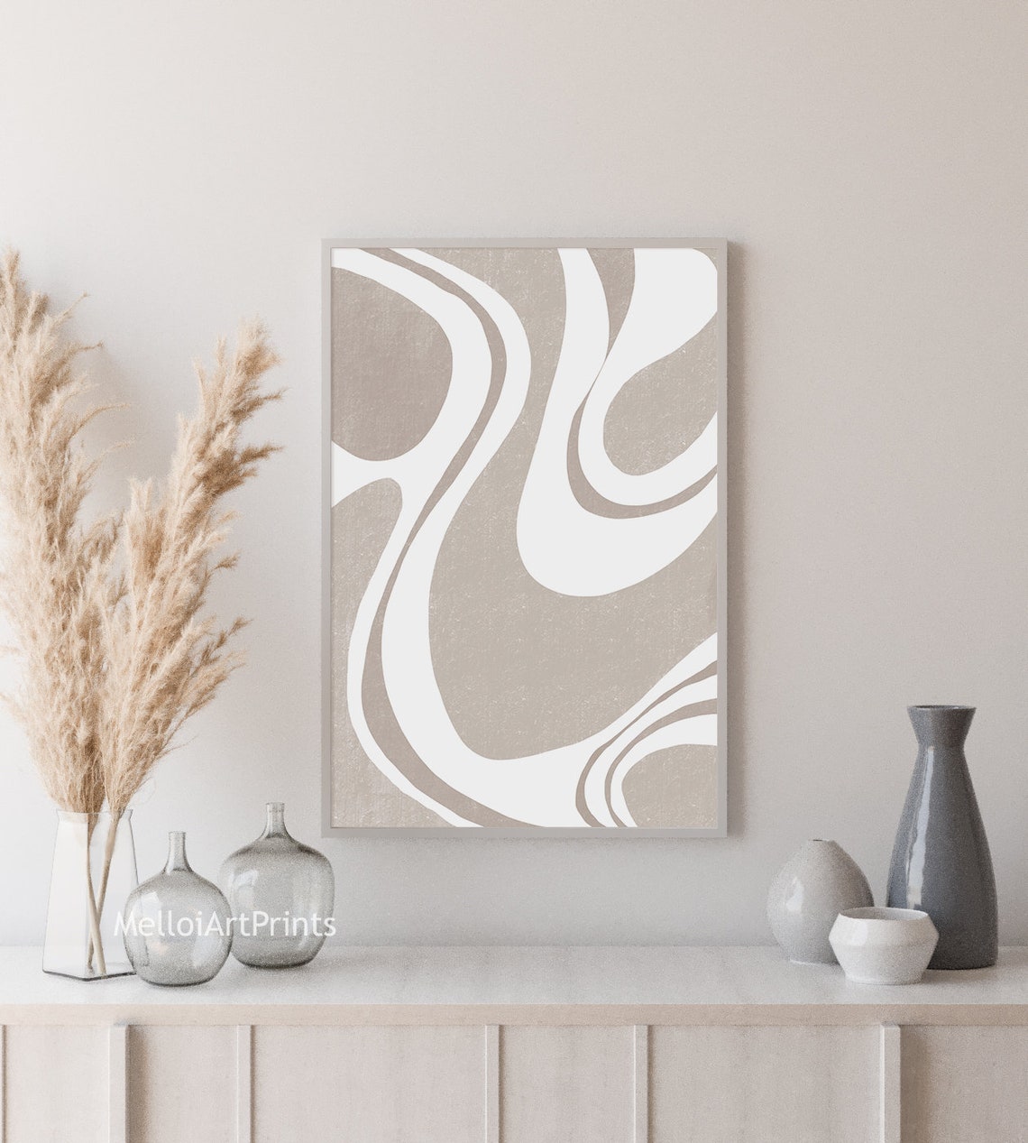 Beige White Wavy Lines Neutral Abstract Swirl Minimalist Wall Poster - Image 2