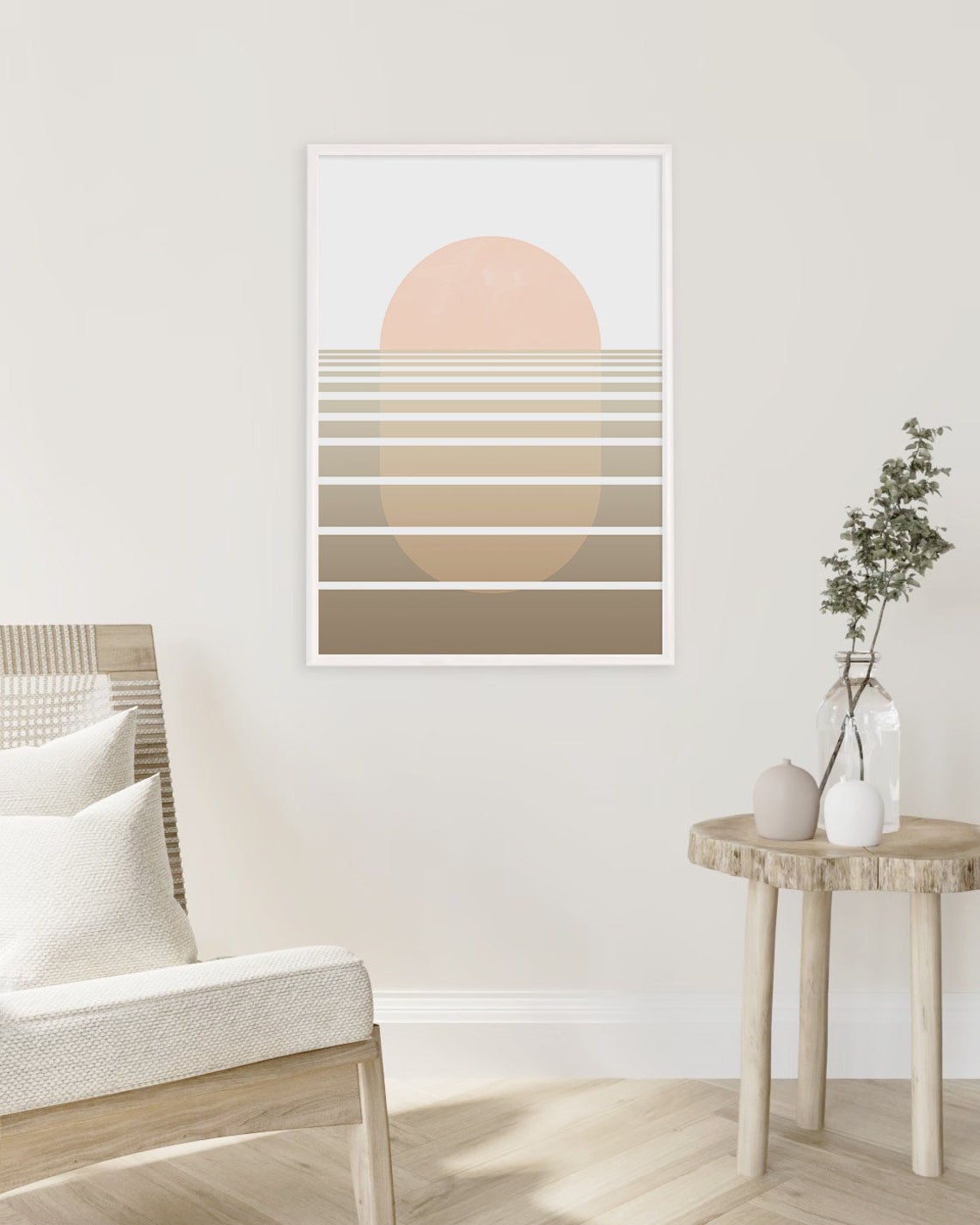 Beige Retro Sunset Over Gradient Stripes Minimalist Art Poster - Image 2
