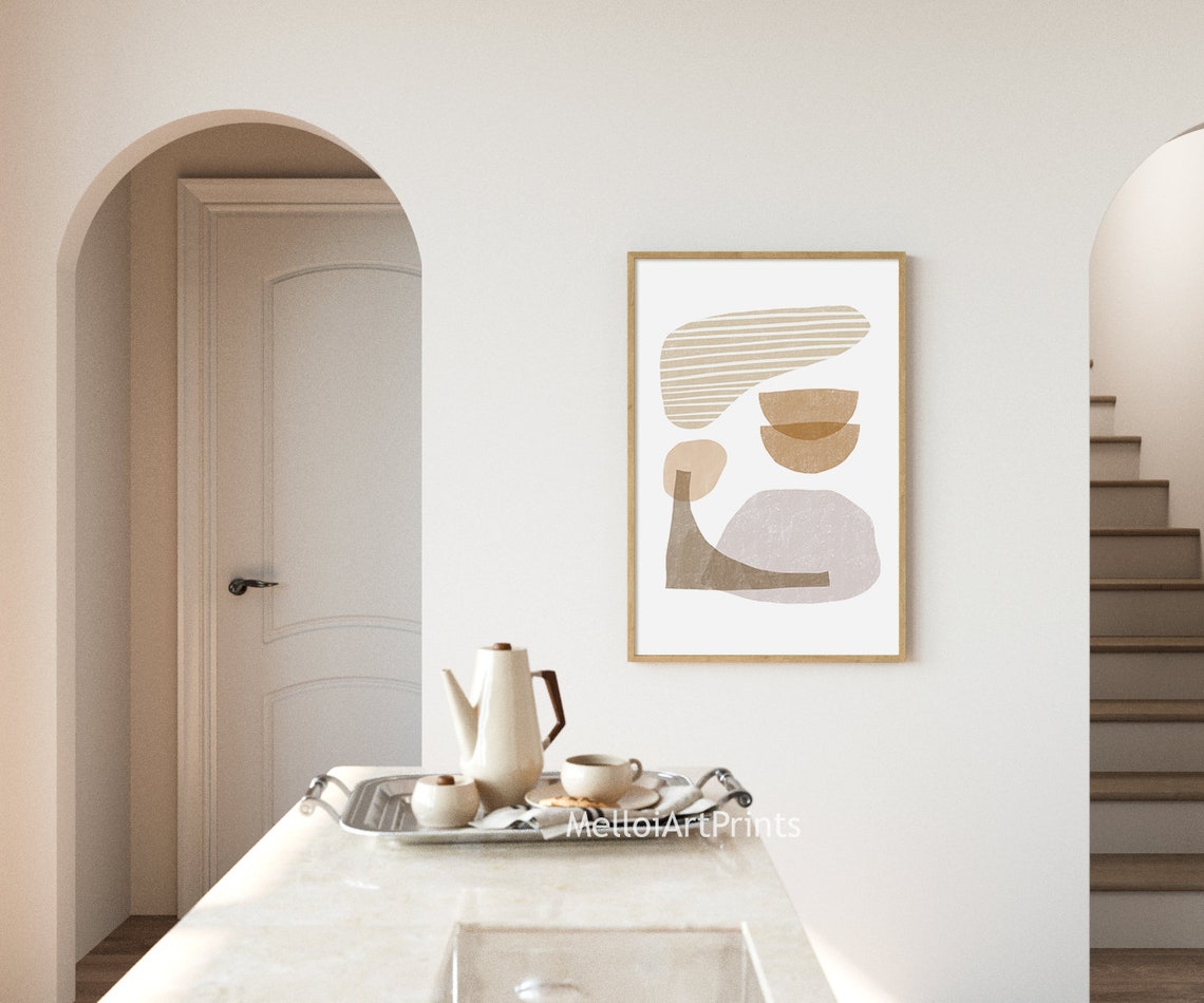 Beige Abstract Shapes with Striped Form Warm Organic Modern Art Poster - Image 3
