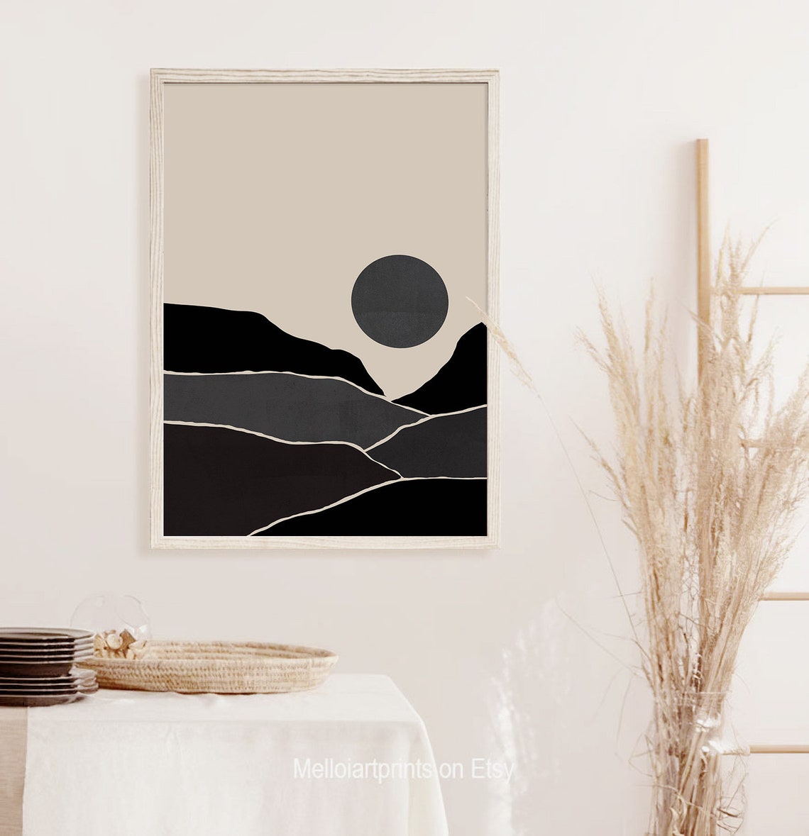 Monochrome Mountain Landscape Art Black Hills Beige Sun Wall Poster - Image 3