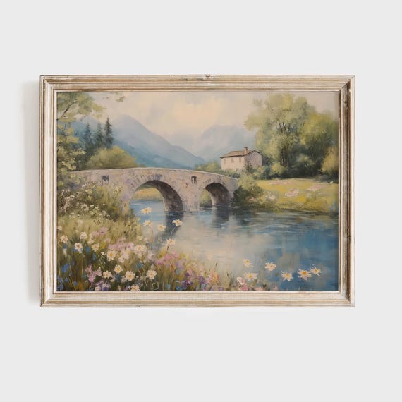 Stone Bridge Over River Art Print Peaceful Countryside Wall Art Cottage Landscape Painting Serene Nature Decor Floral Scenery