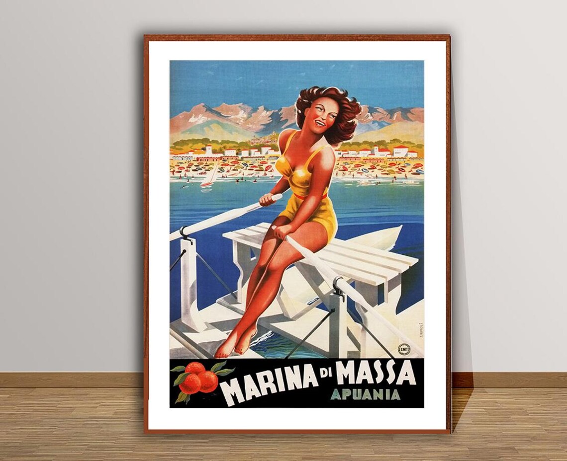 Marina di Massa Apuania Vintage Italian Beach Swimsuit Pin Up Poster