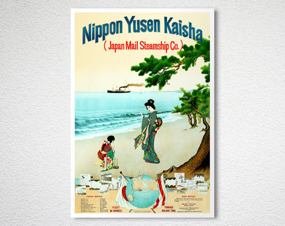 Nippon Yusen Kaisha 1909 Japan Steamship Vintage Travel Poster - Image 2