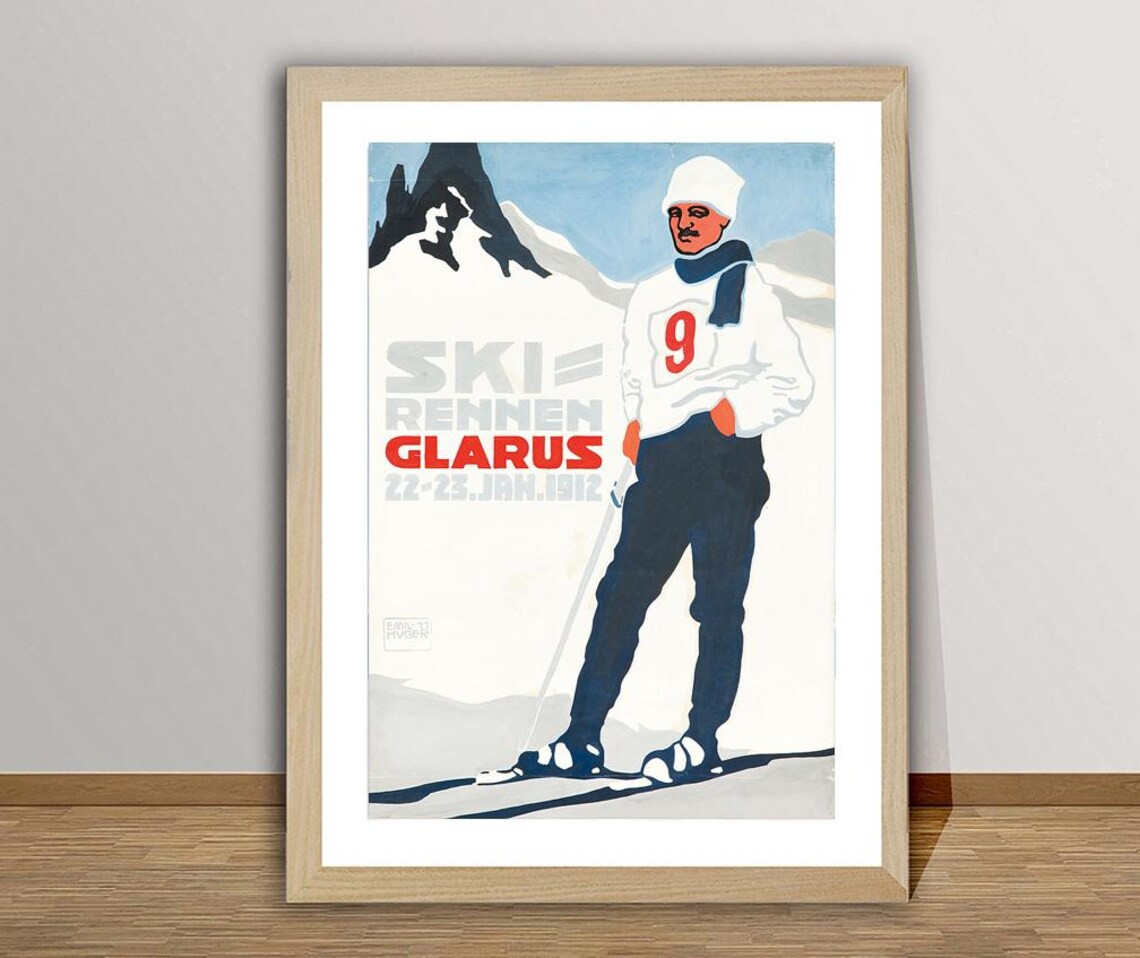 Ski Rennen Glarus 1912 Vintage Swiss Alpine Ski Race Sport Poster
