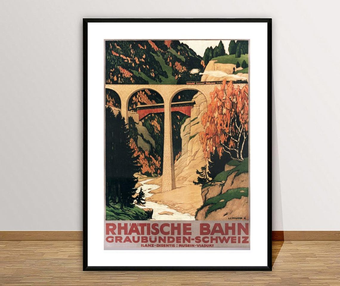 Rhatische Bahn Graubenden Schweiz Vintage Travel Poster Retro Rhatische Bahn Poster Gift Idea Wall Decor - Image 3