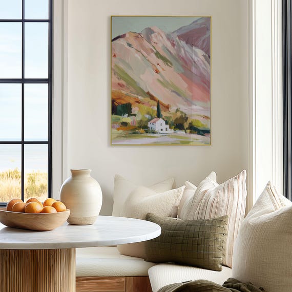 Pastel Mountain Landscape Print Countryside Valley House