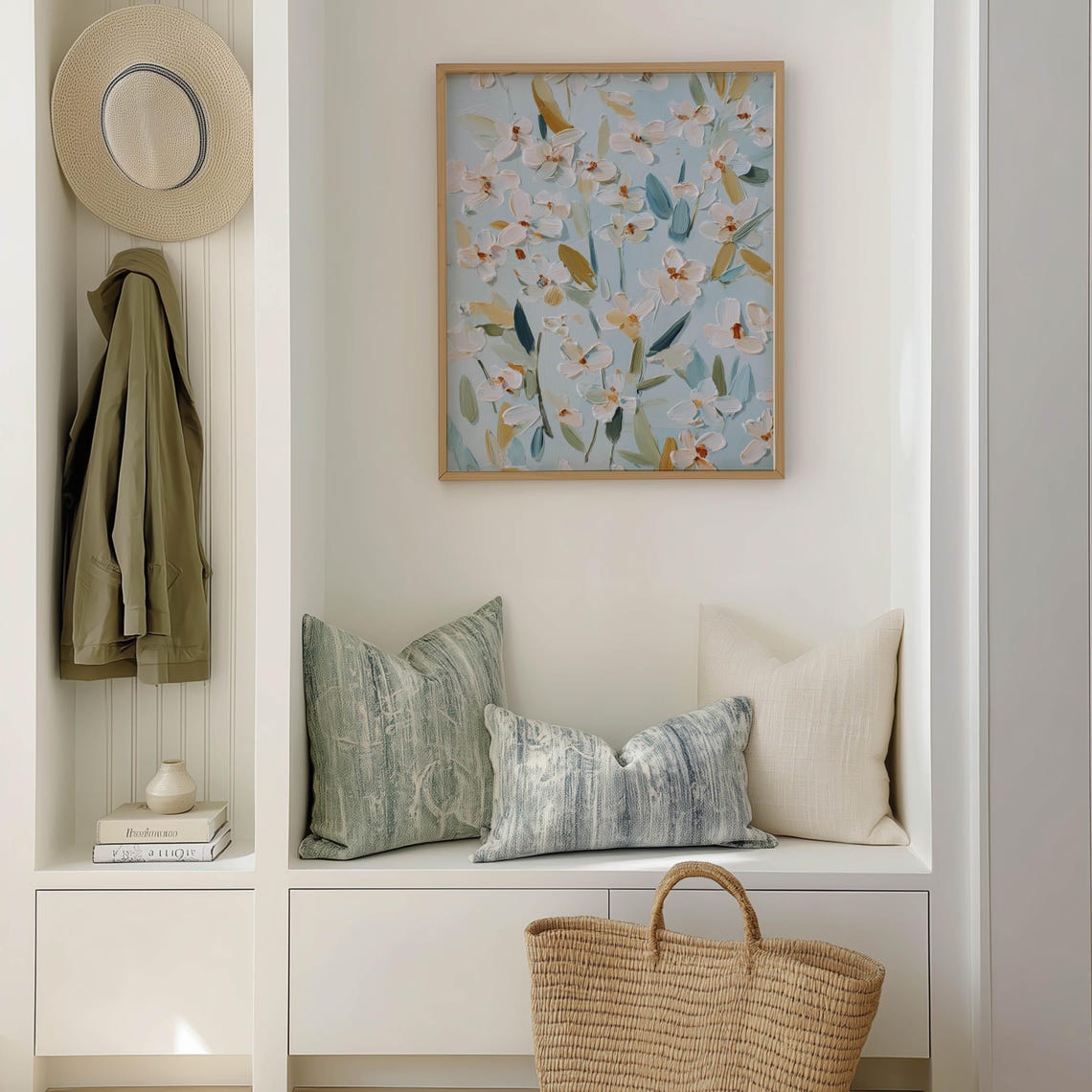 White Floral Painting Print Soft Blue Botanical Wall Art