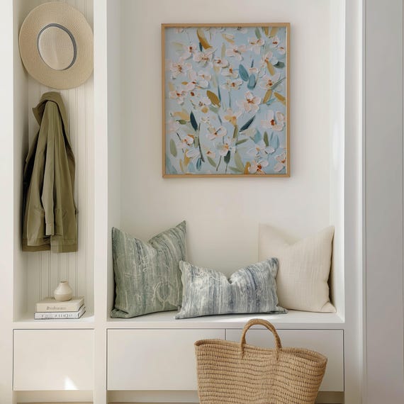 White Floral Painting Print Soft Blue Botanical Wall Art