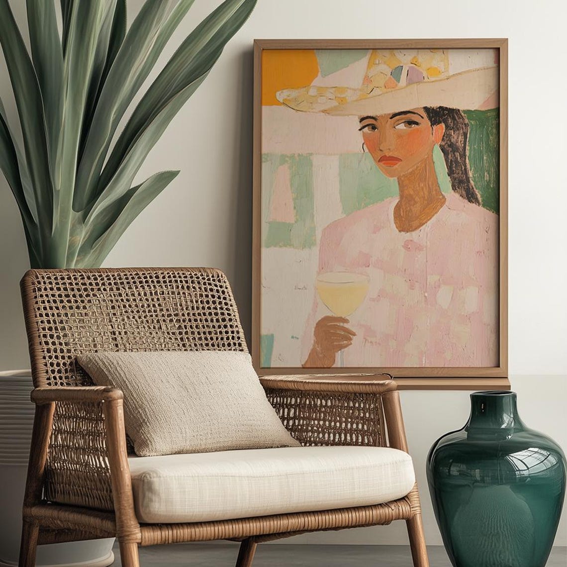 Woman in Sun Hat with Cocktail Abstract Western Portrait Poster - Image 2