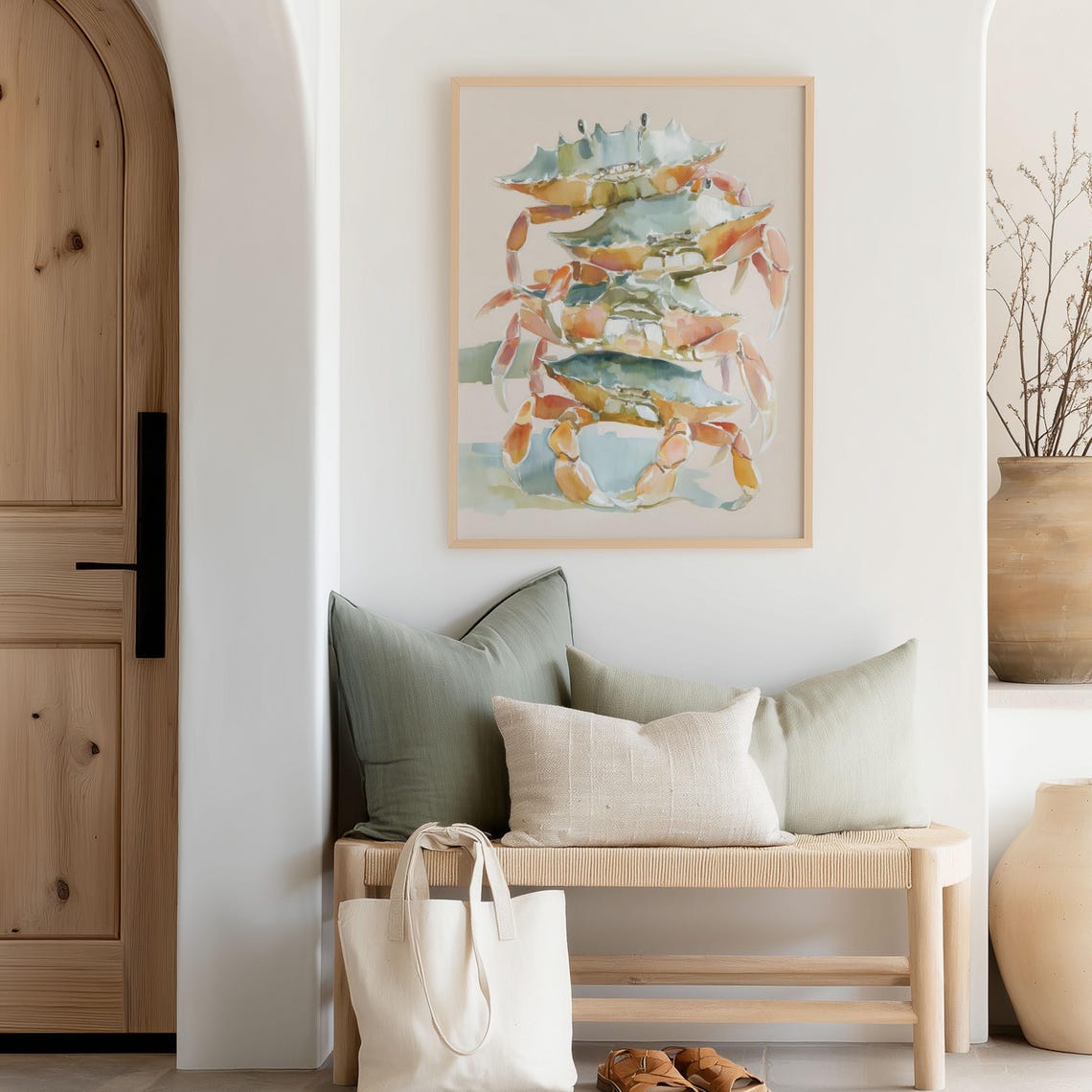 Pastel Watercolor Crab Stack Trio Coastal Beach House Art Poster