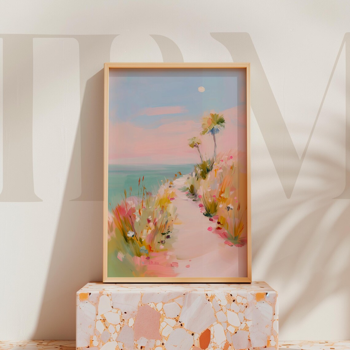 Pastel Beach Path Art Print, Coastal Palm Trees