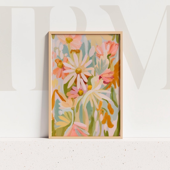 Peach Pink Daisies, Modern Floral Art Print