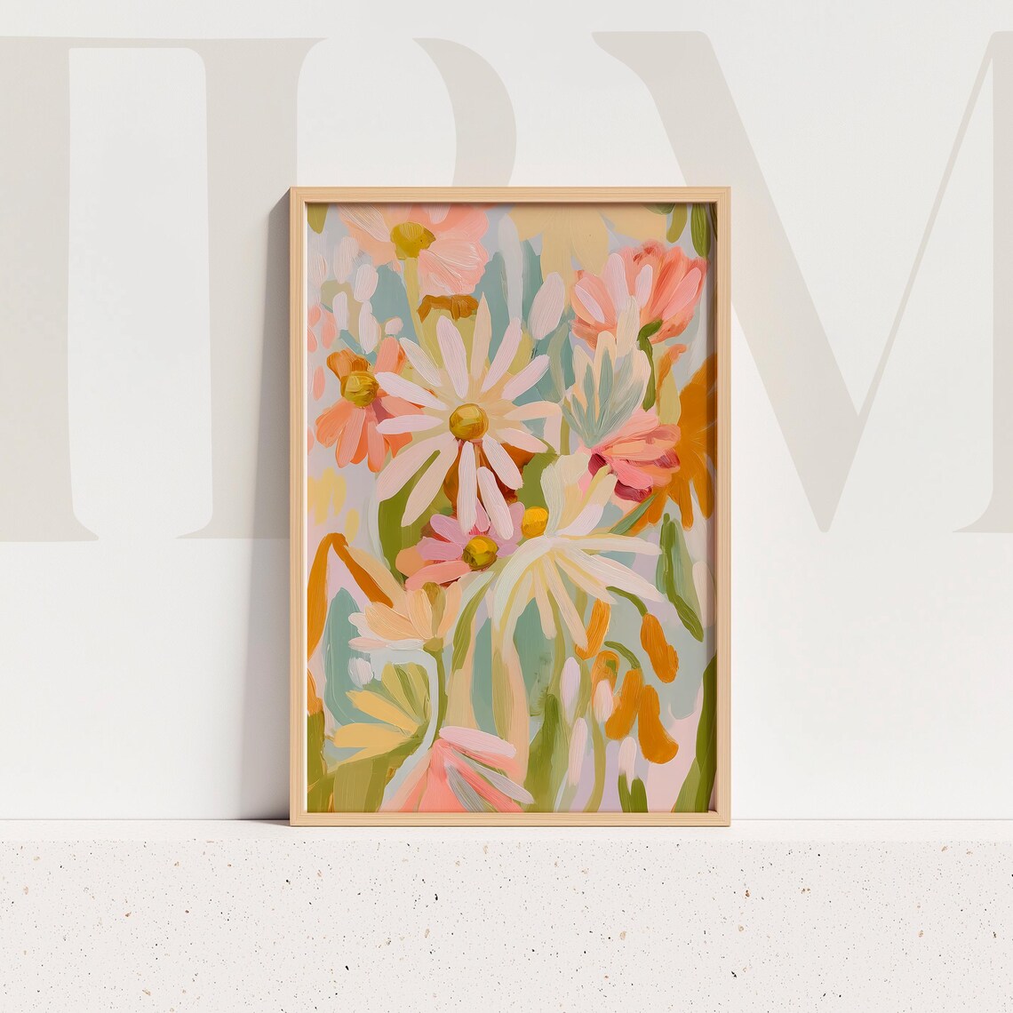 Peach Pink Daisies, Modern Floral Art Print