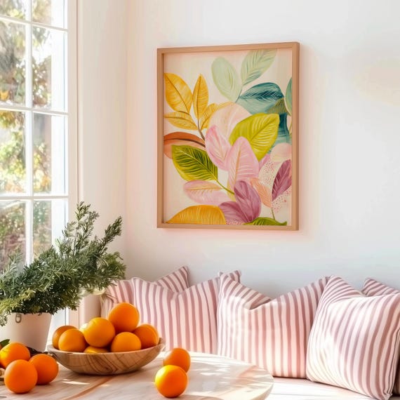 Modern Plant Print Colorful Leaf Illustration For Bohemian Eclectic Home Decor Wall Art