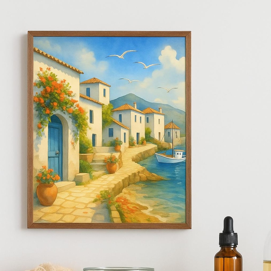 Greek Seaside Village With Blue Door And Fishing Boat Painting Poster