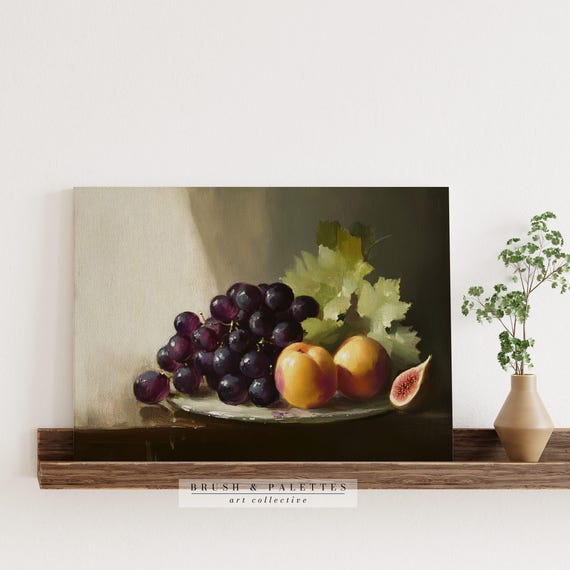 Grapes Peaches Fig Print Still Life Oil Painting Wall Decor Vintage Fruit Art For Country And Farmhouse Kitchen Walls