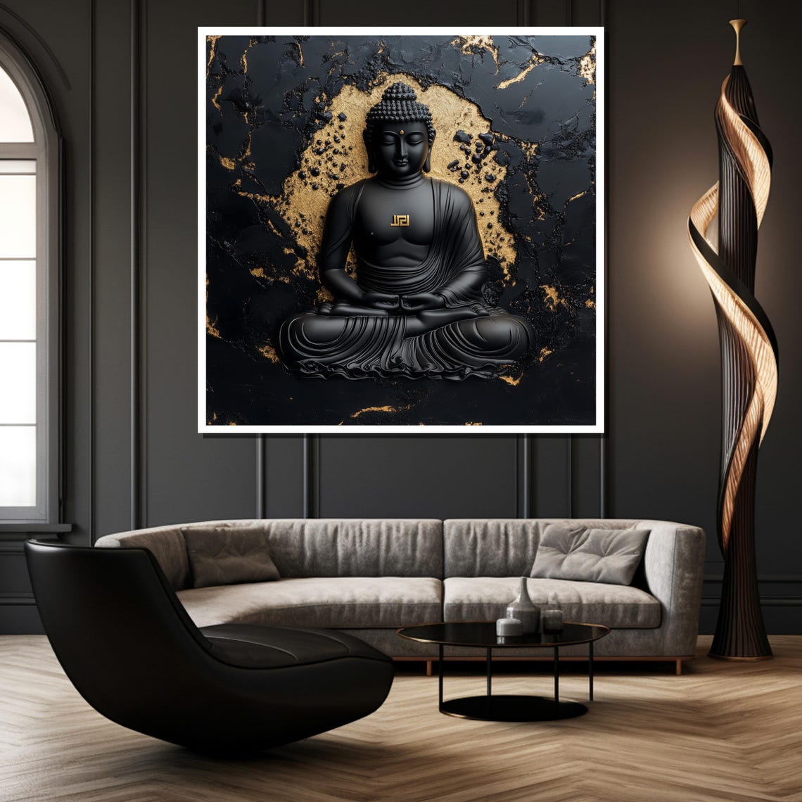 Black Buddha 3D Relief Sculpture on Gold Cracked Marble Poster - Image 2