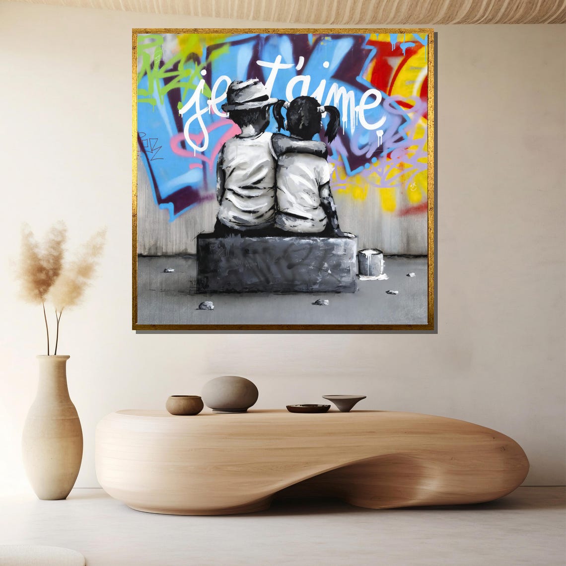 Kids Sitting Before a Je Taime Graffiti Wall Romantic Art Poster