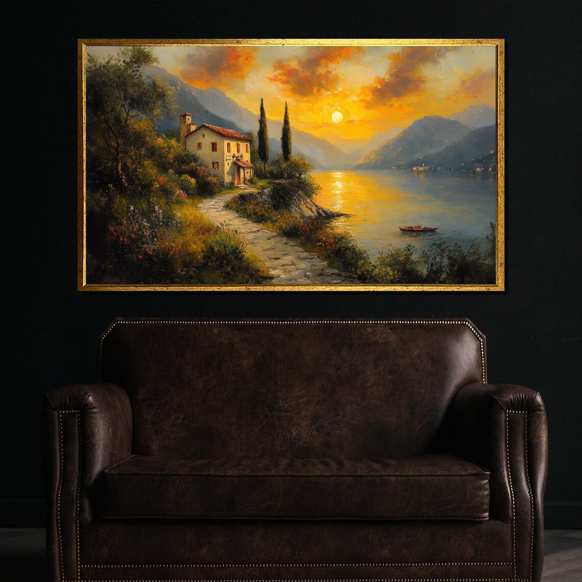 Italian Lakeside Villa At Golden Sunset With Cypress Art Poster