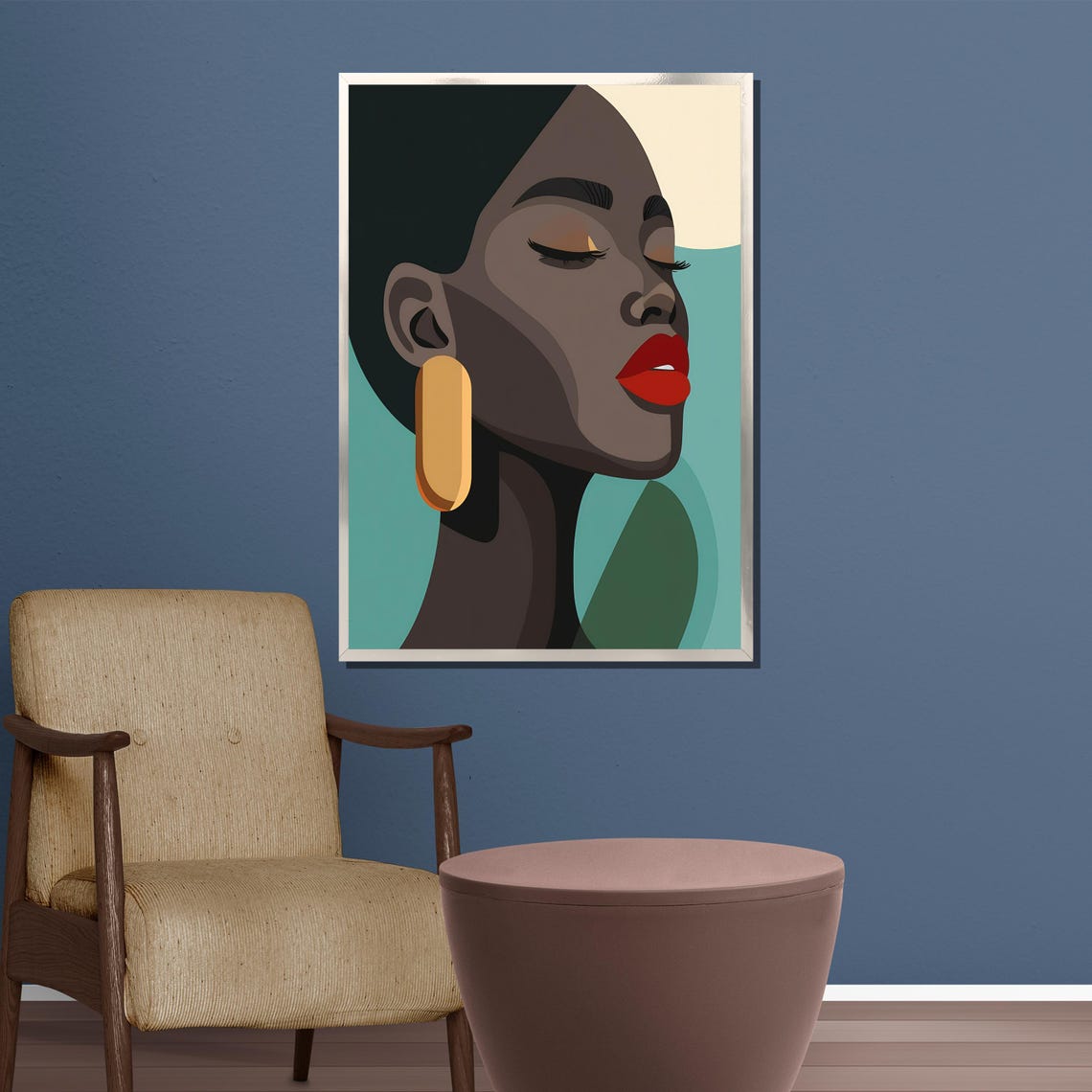 Modern Abstract Woman Profile In Bold Red Lips Teal Art Poster - Image 4